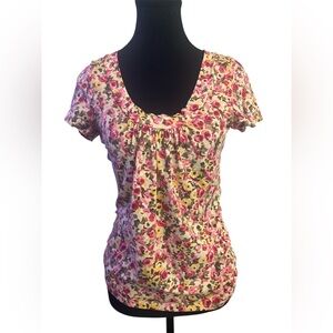 LOFT Pink and Orange Ruched Short Sleeve Blouse S GUC